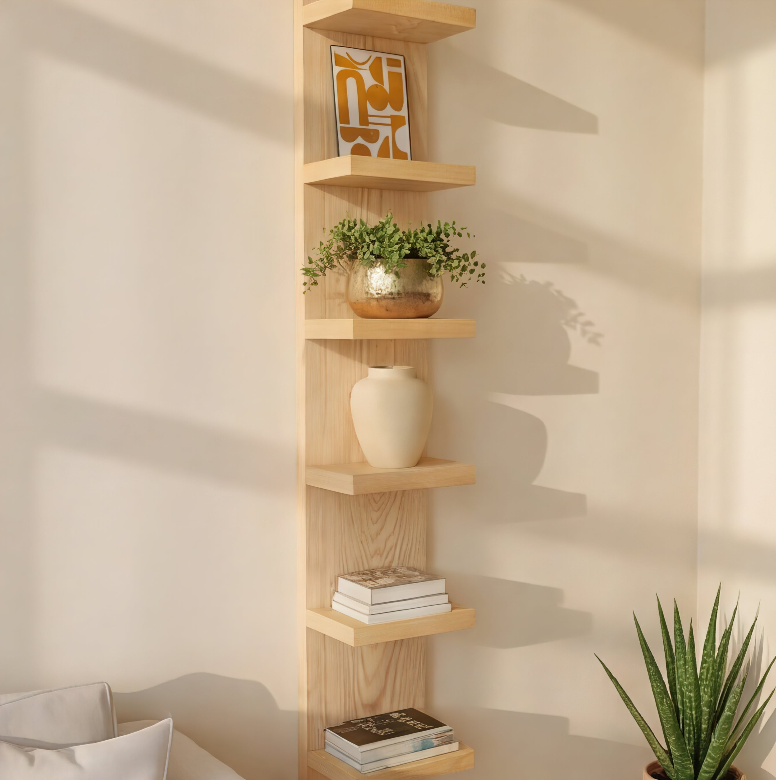 Tall Oak Vertical Wall Shelf