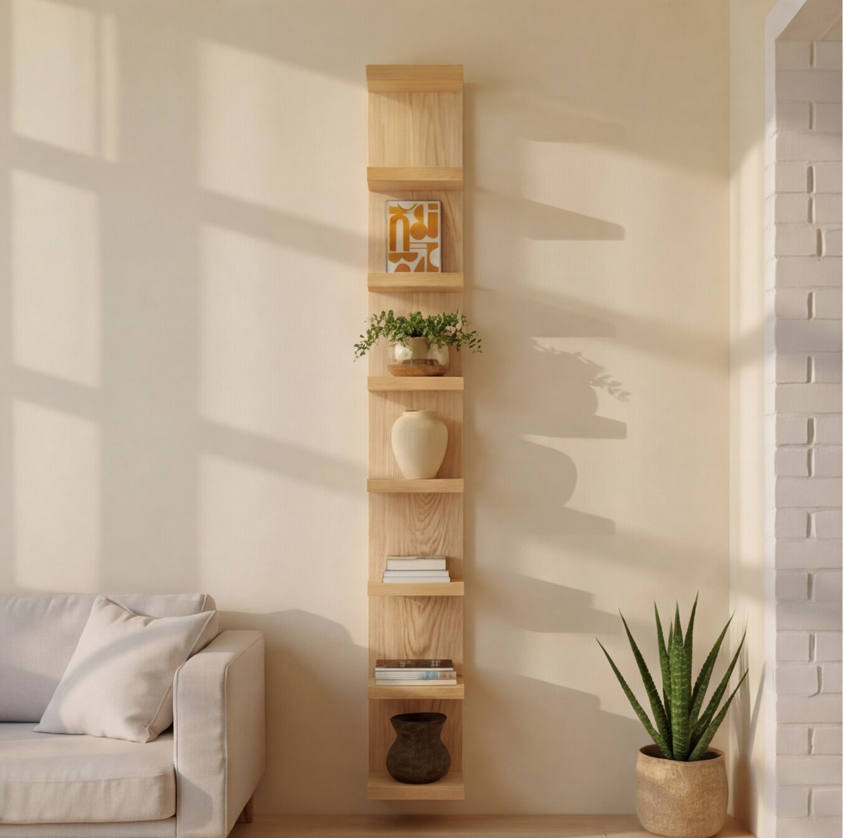 Tall Oak Vertical Wall Shelf
